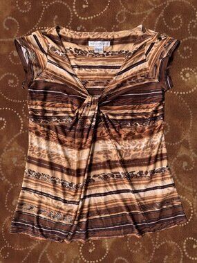 VINTAGE Brown Animal Print Knot Front Top Bianca Nygard Cap Sleeve Blouse Top